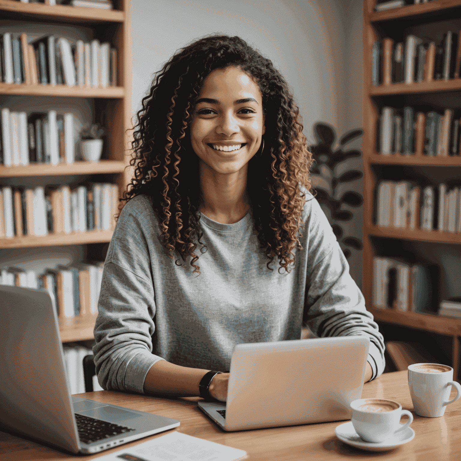 Estudiante sonriente frente a una computadora portátil, rodeado de libros y una taza de café, simbolizando la transición al aprendizaje en línea