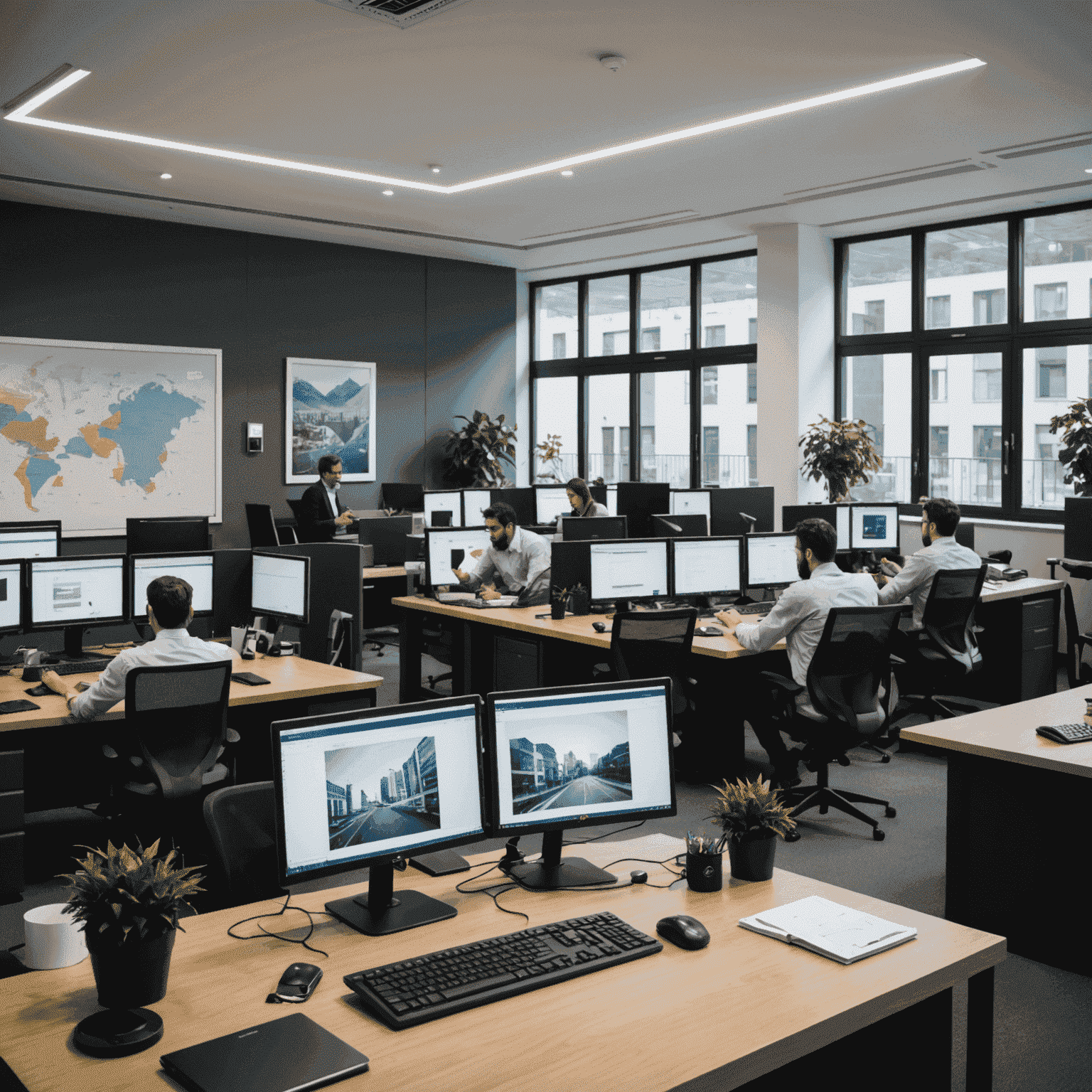 Imagen de una oficina moderna en Buenos Aires con desarrolladores trabajando en computadoras, representando el creciente sector tecnológico en Argentina