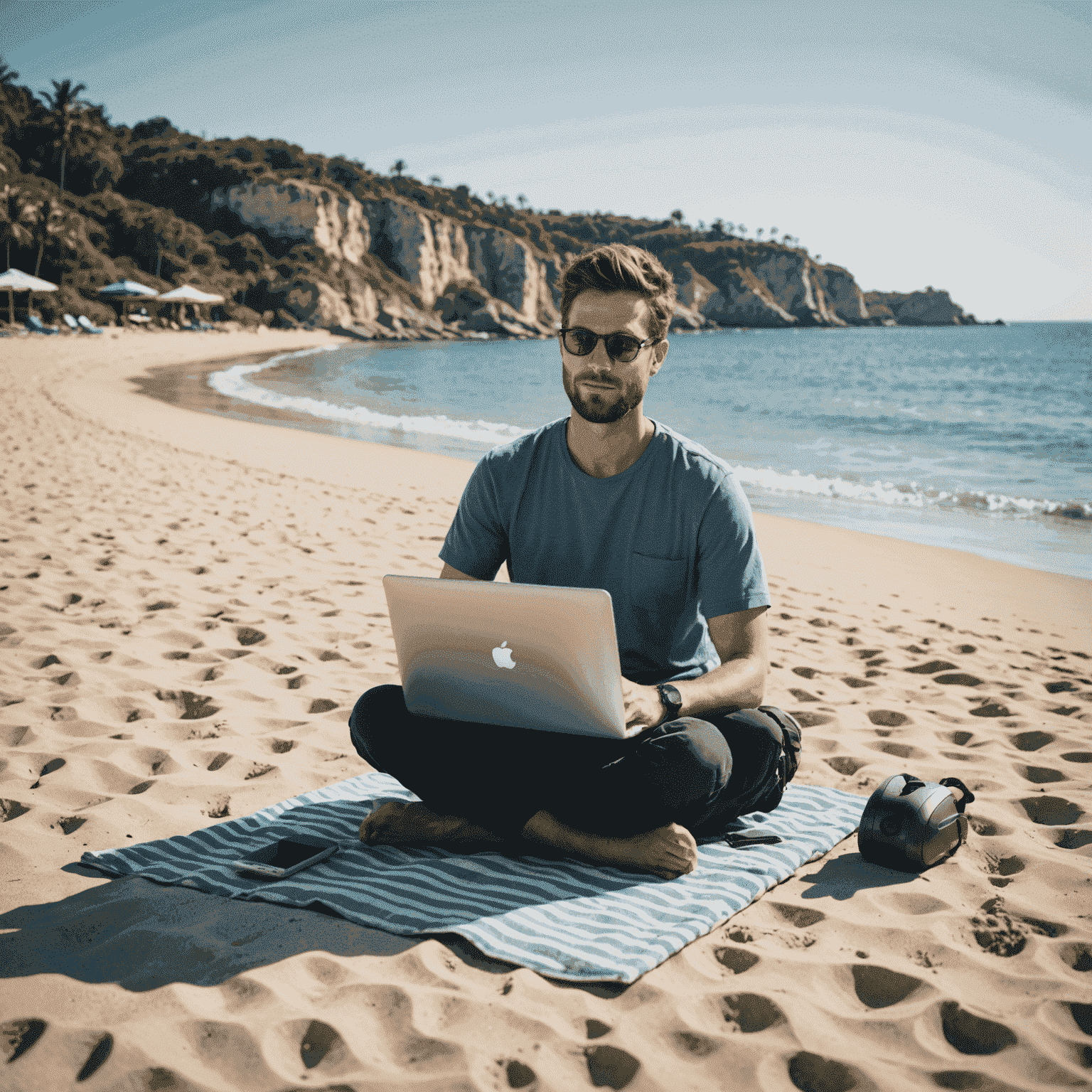 Imagen de un programador trabajando remotamente desde una playa, representando la libertad y flexibilidad de los trabajos de programación remota